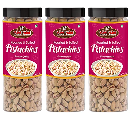 Image of YUM YUM Premium Roasted & Salted Jumbo Size Pistachios Nuts 450g Pack of 3-150g Each | Pista Dry Fruits | Super Crunchy & Delicious Healthy Nuts | Gluten Free & Low-Calorie