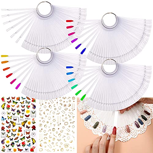 DailyTreasures 200Pcs Clear Nail Art Tips, 4 Set Fan-shaped Nail Swatch Sticks with 2 Sheets Nail Stickers, False Nail Sample Sticks with Metal Split Ring, Transparent Display Polish Board for Nails