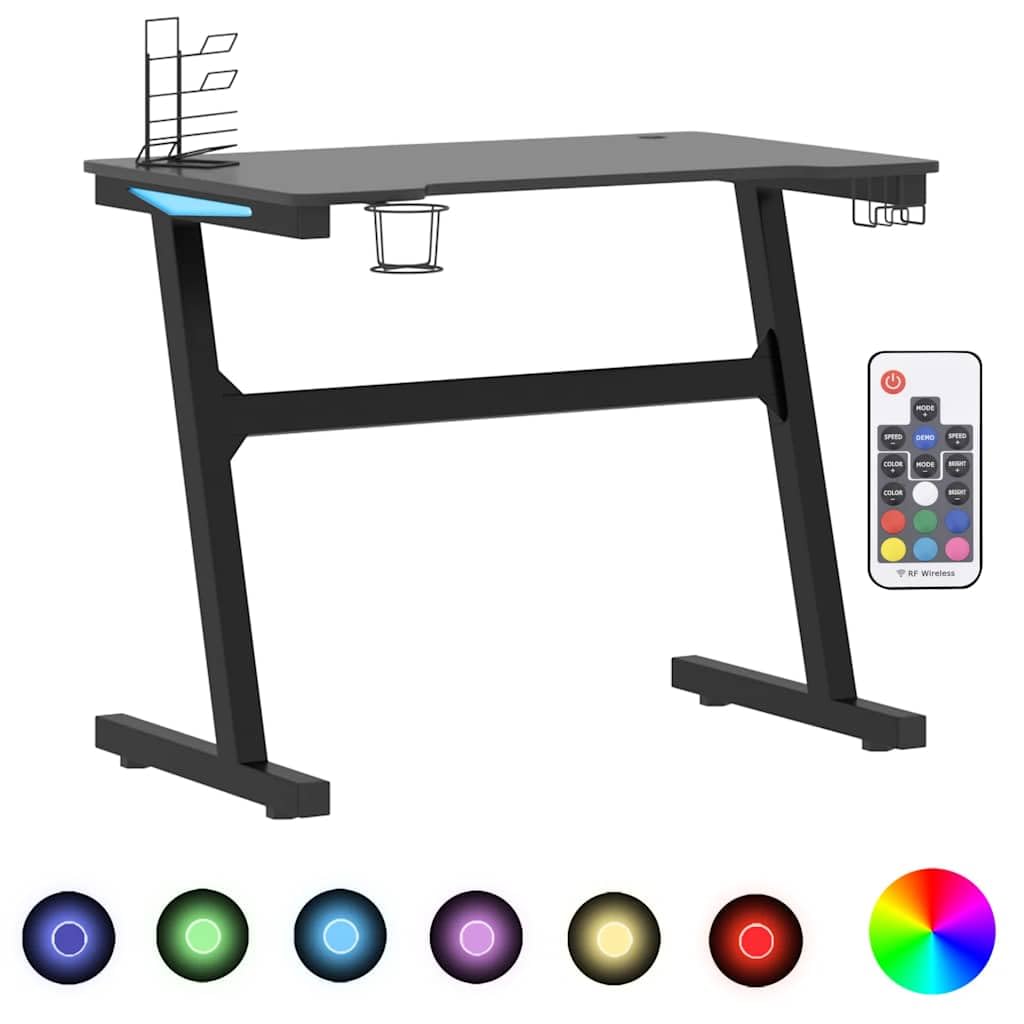 Bureau de jeu avec éclairage LED, cadre en Z, noir, 90 x 60 x 75 cm, bureau d'ordinateur avec support pour casque, design ergonomique pour gamer