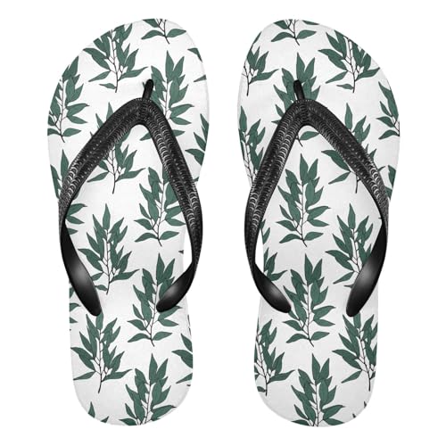 Sinestour Green Leaf White Flip Flops for Beach Thong Sandals Anti-slip Lightweight Beach Slippers for Indoor Outdoor House