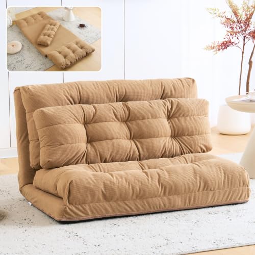 Kelfluxionソファ ソファーベッド レザー皮革/ワッフル織生地 幅108cm シングル 折りたたみ ソファベッド リクライニング 座椅子 2人掛け ローソファー 一人用 ベッド 極厚クッション ワンルーム マルチに使え (カーキ+ワッフル織生地)