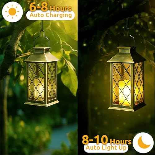 Image of 2 Pack 14 inch Large Tempered Glass Solar Lanterns Outdoor Waterproof | Bronze retro solar lantern with flickering flameless candles, ideal decoration for wall, porch, patio, table and garden.