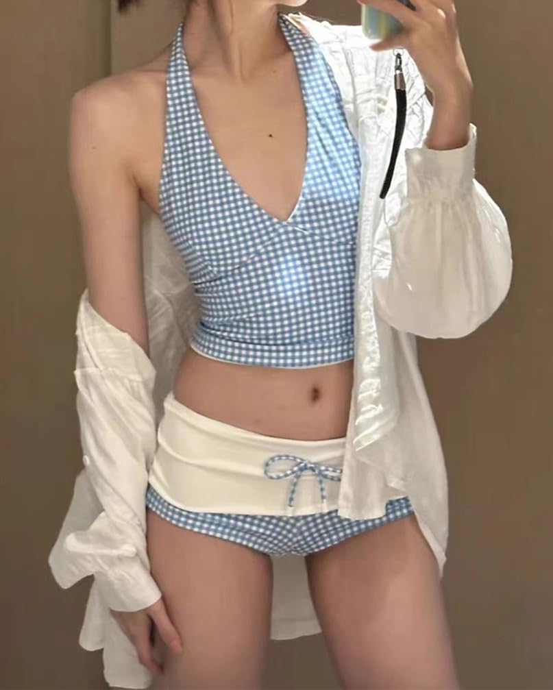 Minetom Damen Y2k Tankini Set Neckholder Badeanzug Push Up Oberteil mit Shorts Zweiteiliger Bademode 2000er Sommer Outfit