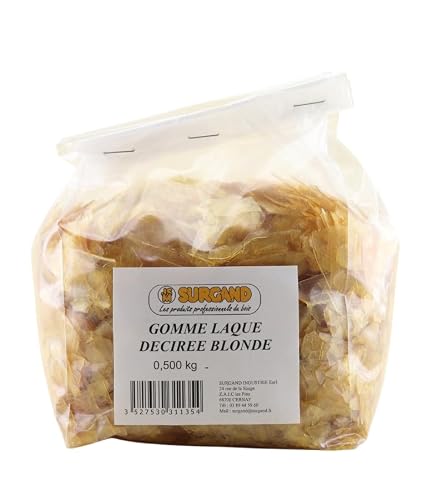 GOMME LAQUE EN PAILLETTES SUPER DECIREE BLONDE / Gomme laque de grande qualité, incolore-miel, pour fabriquer soi-même les vernis tampon traditionnels à grand brillant. (500 GR)