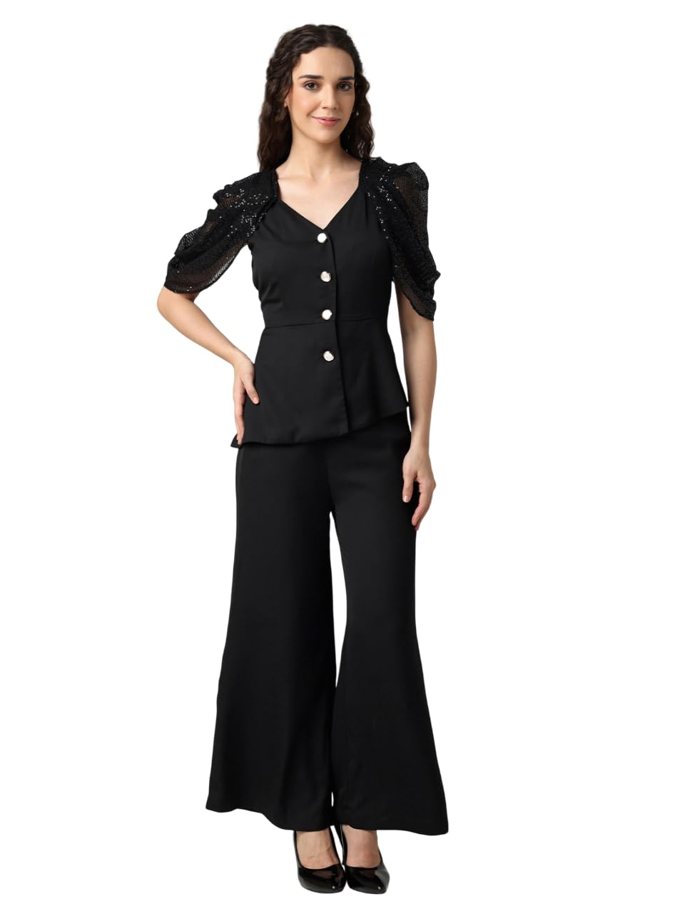 Stylish Womens Polyester Embellished Half Sleeves V-Neck Regular Fit Co-ord Set | Lightweight & Breathable Fabric | Top with trouser Set-image-12