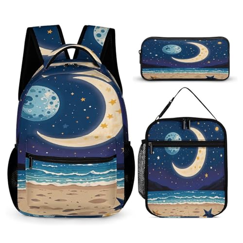 3Pcs Backpack Sets Moon Stars Beach Print Travel Daypack 3 in 1 Lightweight Backpack Set with Lunch Bag And Cosmetic Bag