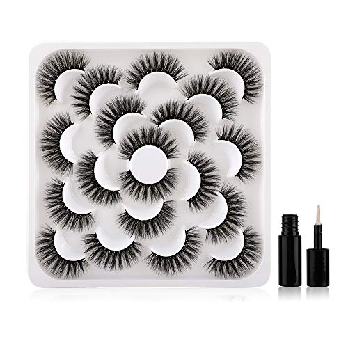 10 Pairs Fake Eyelashes, FANXITON Fluffy Eyelashes Pack Natural Volume Faux Mink Lashes with Glue