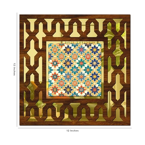 Image of Wooden Pattern Mirror Wall Decor Panel for Home Decor Living Room Bed Room Office (AD8, 12X12 Inches, Set of 2)