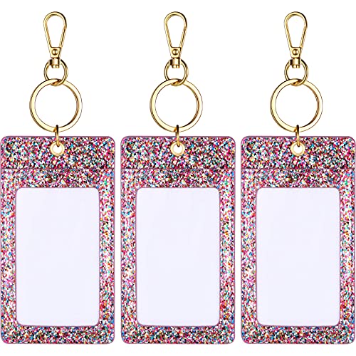 Weewooday 3 Pcs ID Badge Clip Key Chain Glitter ID Badge Holder with Clear Window, Work Badges Reel Clip, PU Leather Keychain Accessory for Nurse, Teacher, Student, Doctor, Women(Mixed Pink)