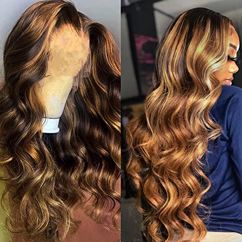 4/27 Highlight Body Wave Lace Front Wigs 16 Inch Brazilian Ombre Human Hair Wigs Glueless Transparent 13x6x1 Lace Wig for Black Women Honey Blonde Highlight Human Hair Wigs.