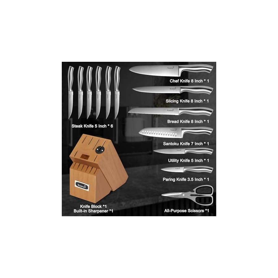 Kuisine-Premium-Knife-SetSharp-Blade-Ergonomic-Non-slip-HandleKitchen-Block-Knife-Set-Chef-Knife-Block-Set-with-Built-in-SharpenerAcacia-15PCS Kuisine Premium Knife Set,Sharp Blade Ergonomic Non-slip Handle,Kitchen Block Knife Set Chef Knife Block Set with Built-in Sharpener(Acacia, 15PCS)