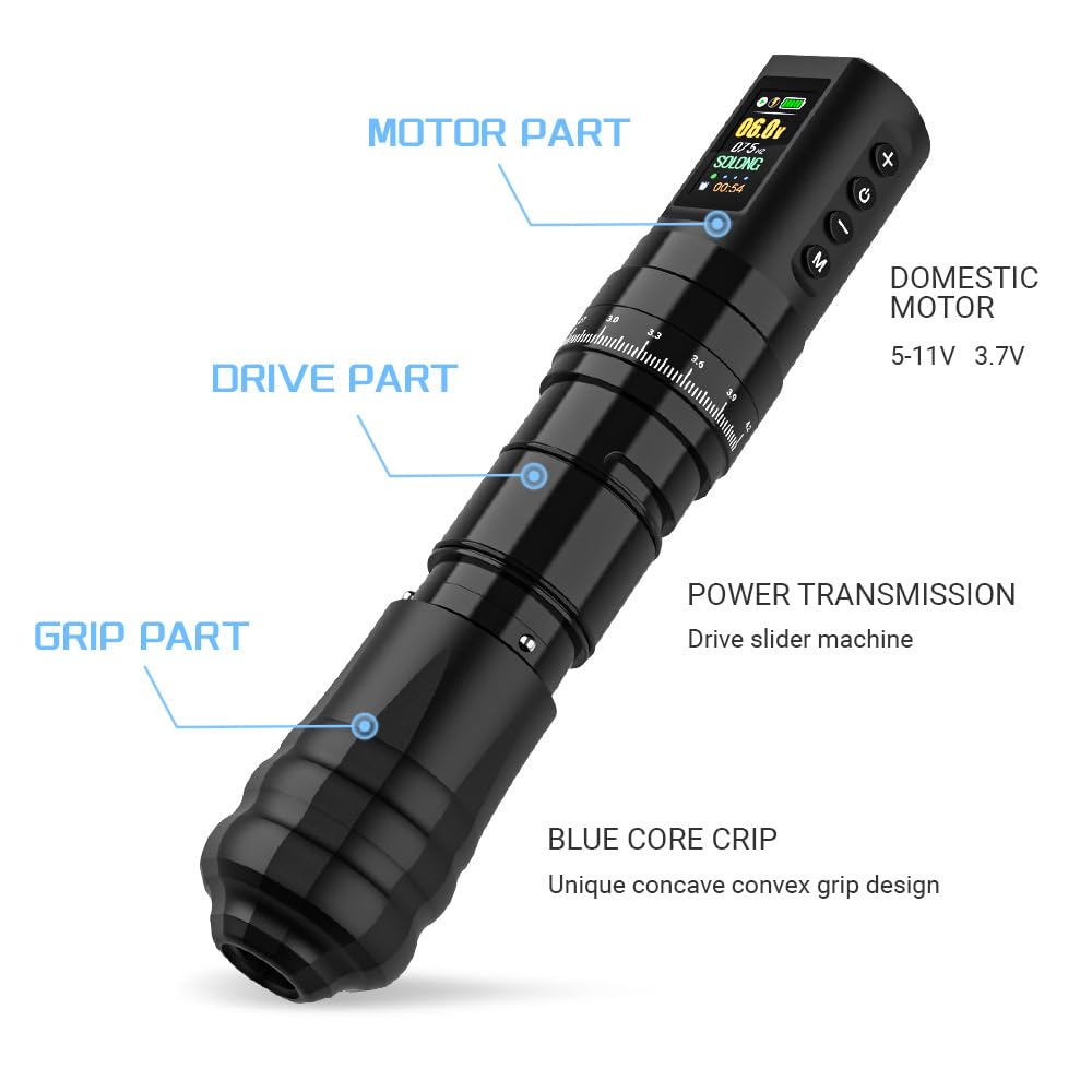 Kit macchina per tatuaggi wireless - Penna per tatuaggio rotativa a corsa regolabile con corsa da 2,4-4,2 mm, motore coreless, doppia alimentazione da 1800 mAh