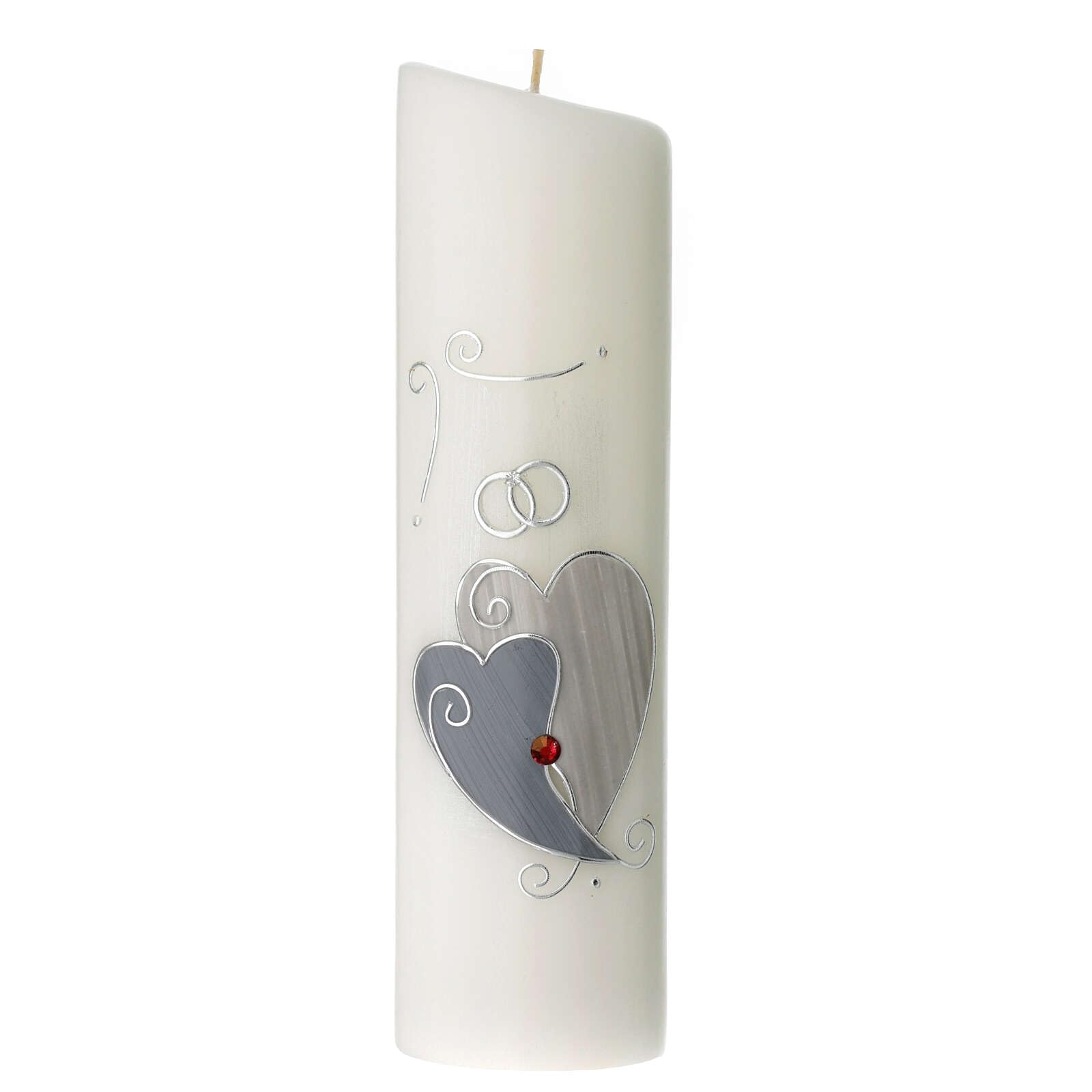 Silver Wedding Candle, Hearts and Rhineston, 240 mm