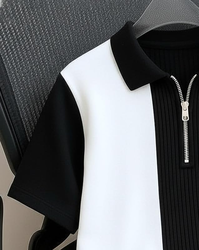 Image of AUSK Men's Textured Vertical Striped Knit Polo T-Shirt | Half Sleeve Zipper Neck Self-Design Casual Tee | Mens Tshirts