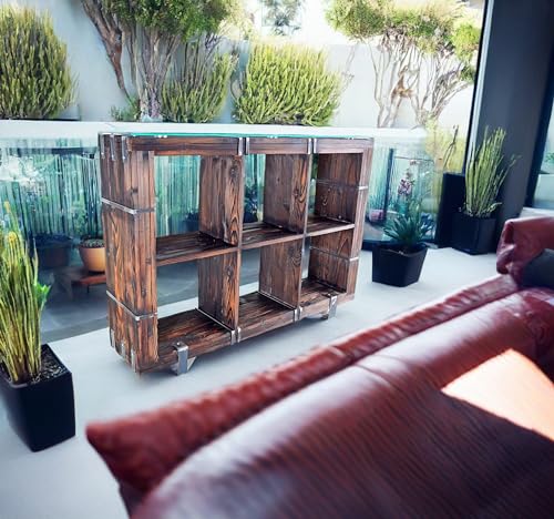 CHYRKA® Kommode Schrank Sideboard BORYSLAW Massivholz TV Board Loft Vintage Bar Industrie Design Handmade Holz Glas Metall (180 x 130 cm, Natur)