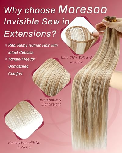 Image of Moresoo Genius Weft Hair Extensions, Highlights Golden Beige with Blonde | Crafted with Remy human hair, 18 Inch 50g, smooth strands for weddings, parties and everyday hairstyles