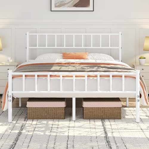 Yaheetech 135 x 190 cm Cama Individual Doble de Metal para Adultos Gran Espacio Moderna Lamas Blanco