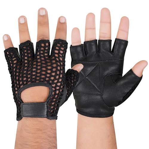 Royal Coalition Mesh Net Leather Gloves Racing Fingerless Motorcycle Hand Black & Red Gloves Open Knuckle Weight Training Glove (Black, Large)