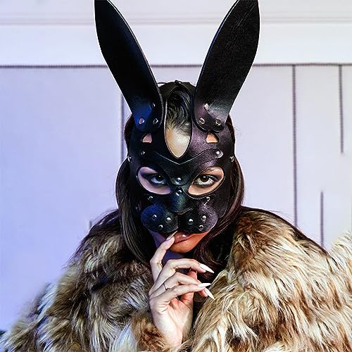 Bmirth Leather Rabbit Masks Masquerade Mask for Women Bunny Masks Halloween Rabbit Face for Night Club Cocktail Cosplay Prom Rave Decorative (Black1)