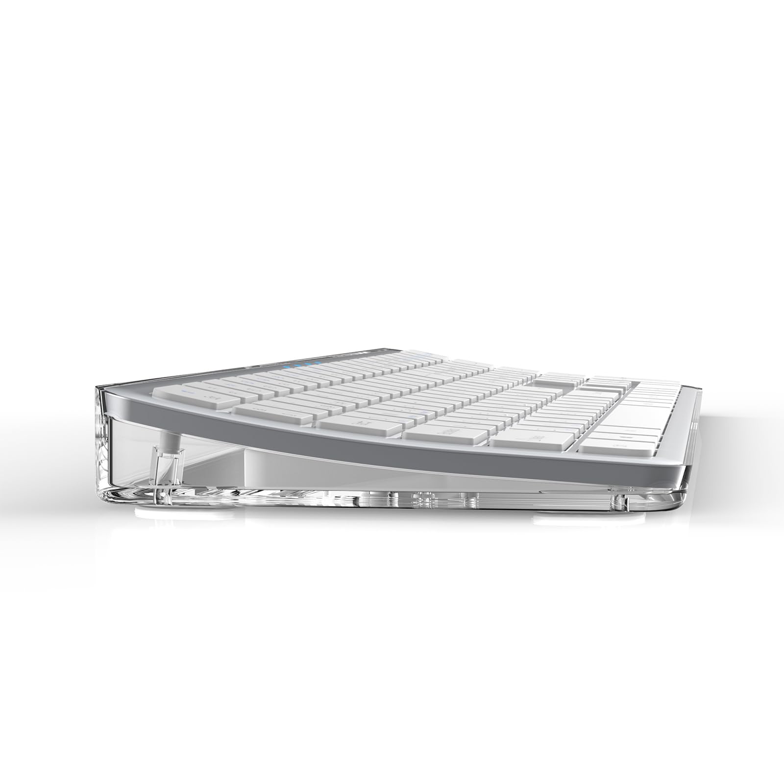 Teclado Curvado Ergonómico con Base Transparente,Español,Recargable,Multidispositivo (Bluetooth Y Inalámbrico USB),Clic Silencioso-Plata