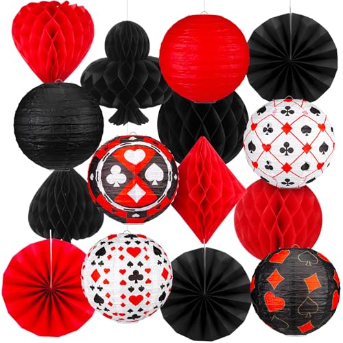 Image of Baquler 18 Pcs Casino Party Decoration 3D Poker Hanging Paper Lantern Red and Black Fans Honeycomb Ball for Las Vegas Game Casino Night Birthday Party Ceiling Decor Supplies