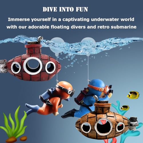 Image of 4 Pcs Fun and Vibrant Fish Tank Decorations - Cute Floating Diver and Retro Submarine Set - Perfect Aquarium Accessories for Betta Fish and Floating Aquarium Decor (Style-01)