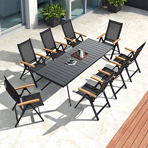 Purple Leaf 9 Pieces Outdoor Patio Dining Set With 8 Folding Portable Sling Chairs And 1 Rectangle Table, Foldable Adjustable High Backrest Reclining Chairs With Wpc Armrests, Black #TOP15