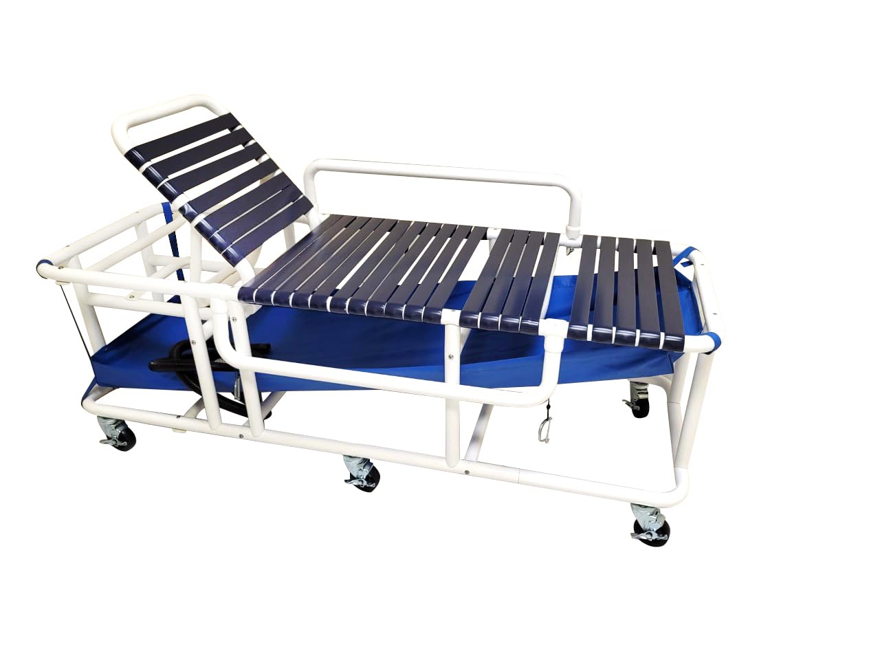 A professional medical shower trolley with side rails.