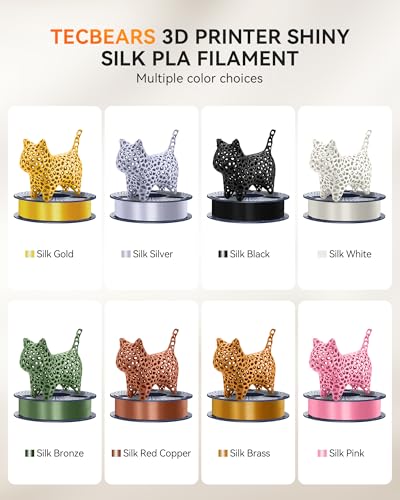 Image of TECBEARS Silk Filament 1.75, Shiny Silk PLA Filament, 3D Printer Filament with Smooth Silky Surface, 250G Spool, 8 Rolls, Gold+Silver+Black+White+Bronze+Red Cropper+Brass+Pink