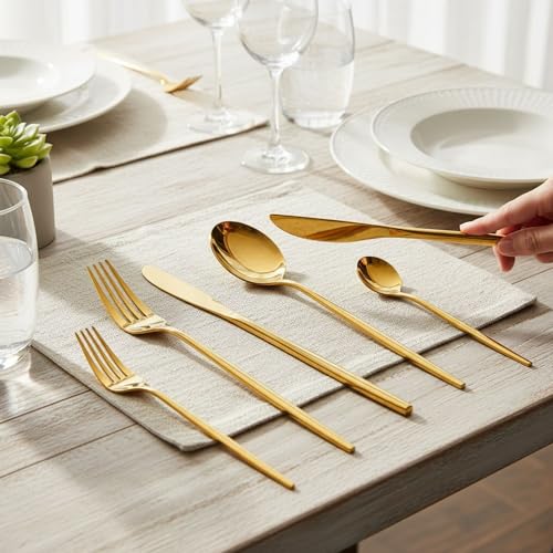 Image of Slim Handle Gold 25 Pcs Stainless Steel Cutlery Set for Dining Table, Dishwasher Safe Glossy Flatware (5 Spoon Set+5 Forks Set+5 Butter Knife+5 Dessert Spoon+5 Fruit Fork)