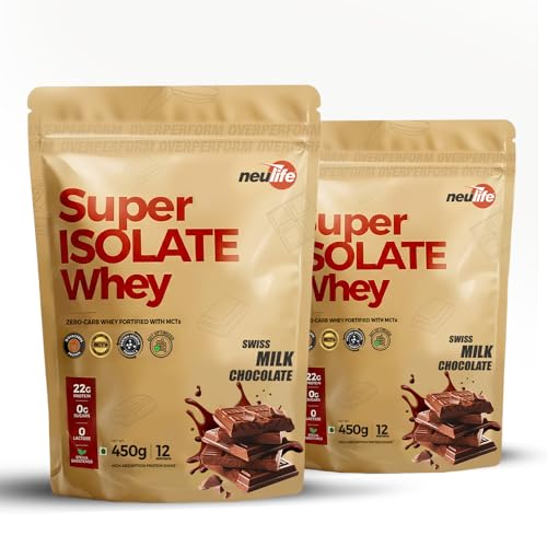 Image of Neulife Super Isolate Whey Protein (900 g 450x2) | Max Absorption Protein Shake with Patented Ketofuel MCTs | Swiss Milk Chocolate