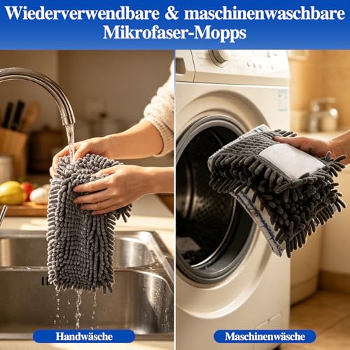 MASTERTOP Bodenwischer Set, Mikrofaser Wischmop Chenille Flachmopp mit Lang Griff, Multifunktionaler...