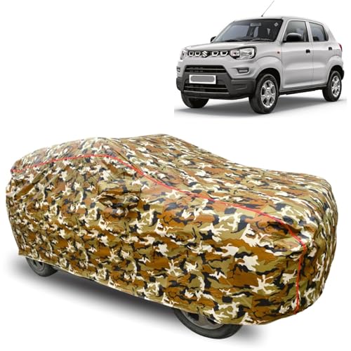Image of GROOFOO Waterproof Car Body Cover with Mirror Pockets Compatible with Maruti Suzuki S-Presso | Triple Stitch Red Piping Car Cover UV & Dust Proof All-Weather Protection, Adjustable Buckle (Grey)