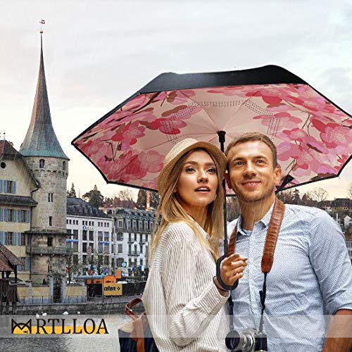 Image of MRTLLOA Double Layer Inverted Umbrella with C-Shaped Handle, Anti-UV Waterproof Windproof Straight Umbrella for Car Rain Outdoor Use (N-Peach Blossom)