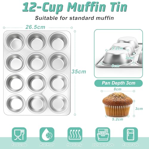 Onader Yorkshire Pudding Tray 12 Cup, Stainless Steel Muffin Cupcake Tin for Baking Muffin, Mince Pie, Brownie, Quiche, Non-Toxic & Heavy Duty, Oven & Dishwasher Safe - Image 3