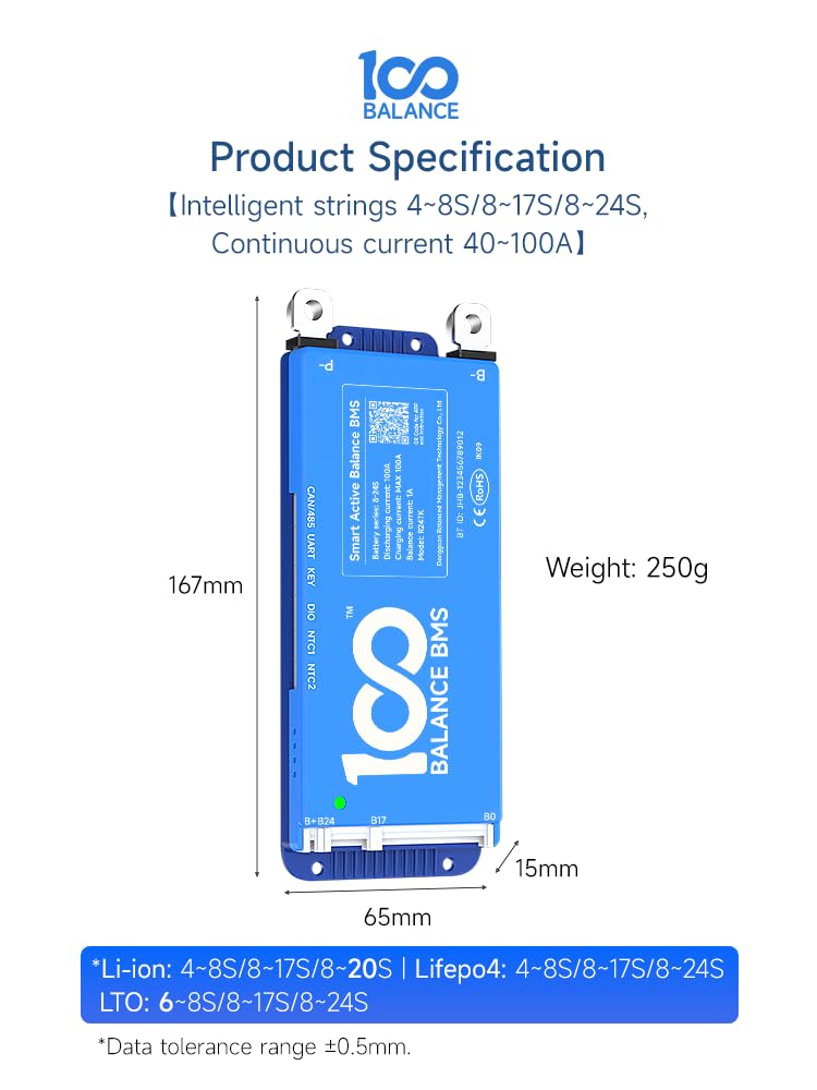 100BALANCE-Smart BMS Voll funktionsfähige Lithium-Batterieschutzplatine für Batterielade-/Entladesteuerung mit aktivem Balancing Bluetooth-Kommunikation (RS485/CAN+BT+UART, 100A 8-17S)