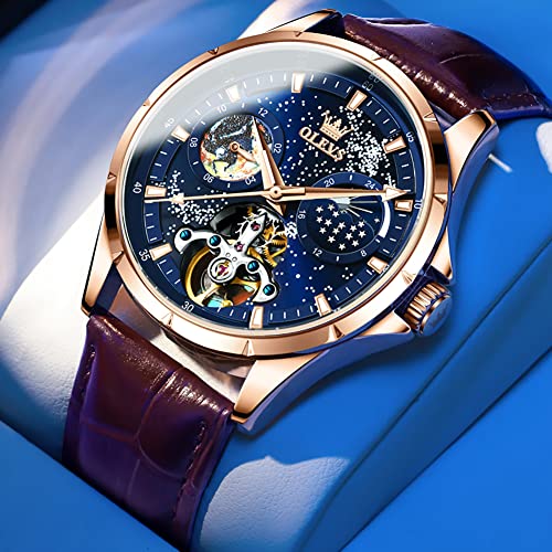 Olevs Mens Automatic Watches Blue Starry Sky Skeleton Tourbillon Self Winding Mechanical Luminous Brown Leather Luxury Dress Wrist Watch Gifts #TOP1