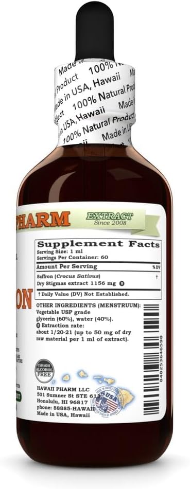 Hawaii Pharm Satiereal Saffron Alcohol-Free Liquid Extract, Organic Satiereal Saffron (Crocus Sativus) Dried Stigmas Glycerite Natural Herbal Supplement, USA 2 fl.oz - Image 3