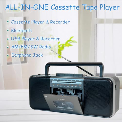 Portable Cassette Tape Player Recorder,AM/FM/SW Radio Stereo with Bluetooth,USB/SD, Big 10W Speaker,Record to Cassette/U Disk/SD Card via Mic, MP3 Converter, Earphone Jack,AC/DC Powered