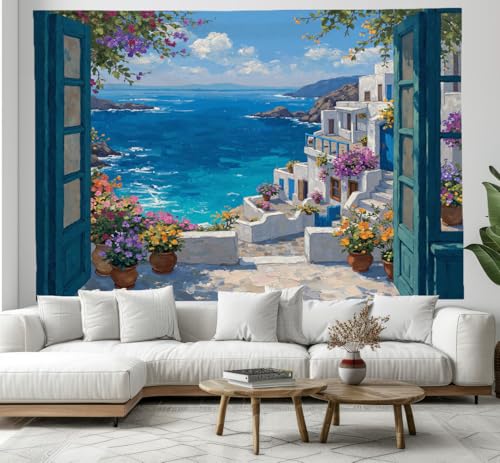 Tapisserie murale océan et fleurs bleu 230x180cm pour salon