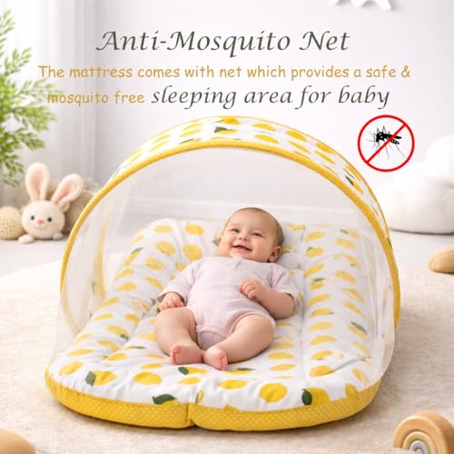 Image of Infantbond Designer Mattress with Net | Baby Sleeping Bag | Carry Bed (0-6 Months) (Lemon Yellow)