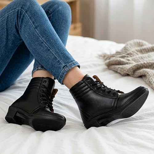Image of KRAFTER Women's Lace-Up Ankle Boots - Fashionable Faux Leather Block Heel Booties Low Heel - Trendy Combat-Inspired Casual Shoes for Daily Wear, Black