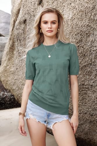 Image of Arach&Cloz Women's Short Sleeve Crew Neck Sweaters Trendy Teacher Work Tops | Lightweight&Breathable Fabric, Texture Knit Design, Relaxed Fit, Business Casual Outfits, Teacher Work Tops Fall 2026