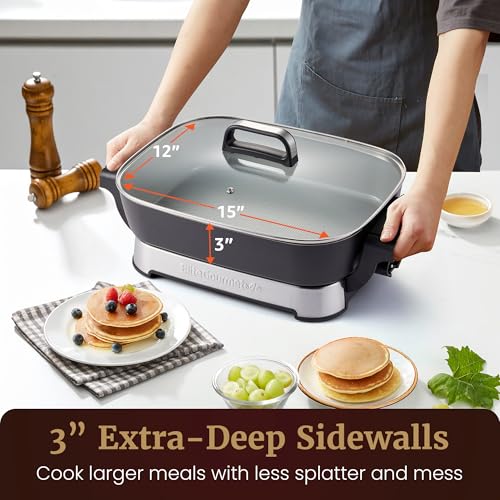 Image of Elite Gourmet 15 inch x 12 inch x 3 inch Stow-Away Foldable Electric Skillet, Ceralast PFAS Free Ceramic, 1500W Rapid Heat, Dishwasher Safe Pan & Lid, Black /Grey