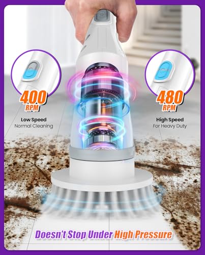 Image of 6-in-1 Cordless Electric Spin Scrubber with Long Handle | Power scrubber, bathroom scrubber, 47.2 in long handle, 2 speed scrub brush, IPX7 rated body, kitchen, tile, tub, floor