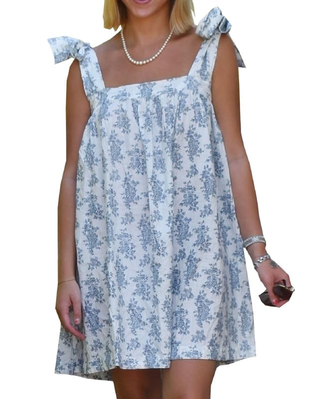 Image of Women Floral Tie Shoulder Mini Dress Cute Square Neck Loose Fit Beach Short Dress Backless Boho Vocation Sundress