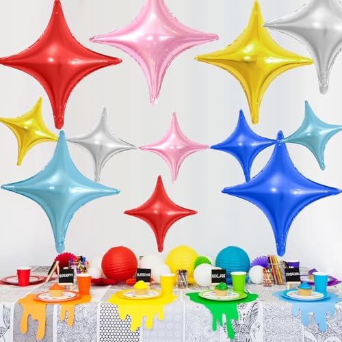 Image of Colorful Star Balloons,12Pcs Four Angle Star Foil Balloons | 26Inch and 10Inch Colorful Quadrangle Star Helium Balloon for Birthday Baby Shower Wedding Party Decorations