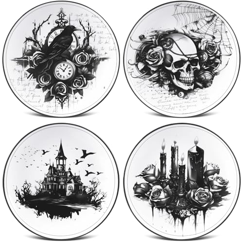 Vesici 4 Pieces Halloween Gothic Dinnerware Halloween Pattern Ceramic Plates Gothic Dinnerware Set Skull Dinner Plates Kitchen Decoration Spooky Gift for Home Decorative