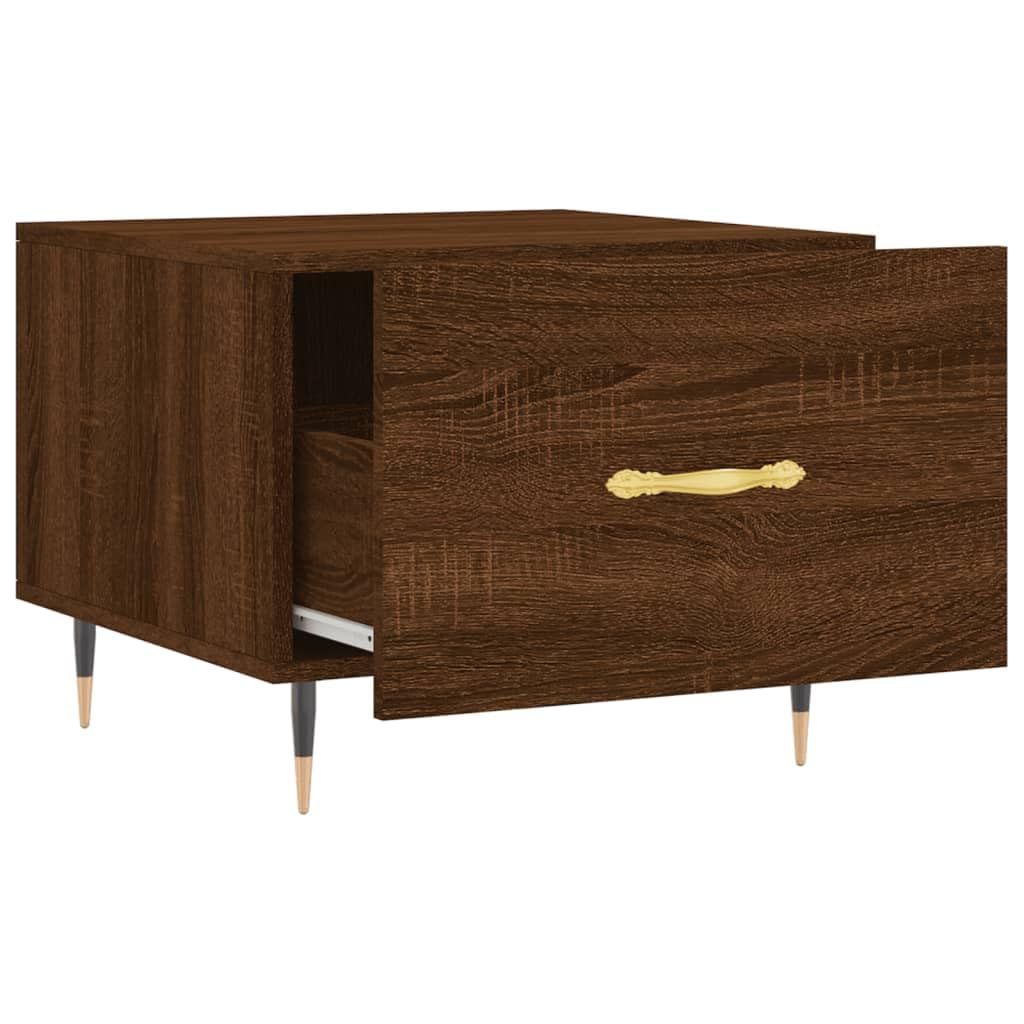 Mesa de centro marrón efecto roble 50 x 50 x 40 cm de material de madera con patas de hierro, elegante mesa auxiliar para salón, dormitorio y pasillo, tablero robusto con cajón para espacio de