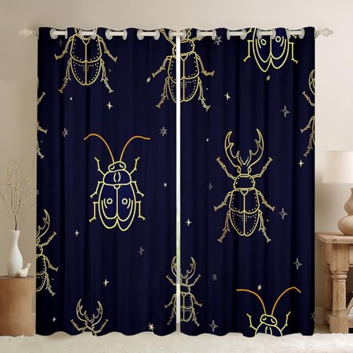 Boho Beetle Window Curtains,Stars and Moon Curtain,Galaxy Gradient Window Drapes for Kid Teens Boys Young Man,Modern Bedroom Decorative,Beetle Printed Curtain,52Wx63L